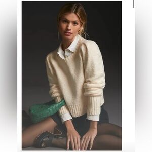 Anthropologie Maeve Cream Puff Sleeve Crew Neck Sweater